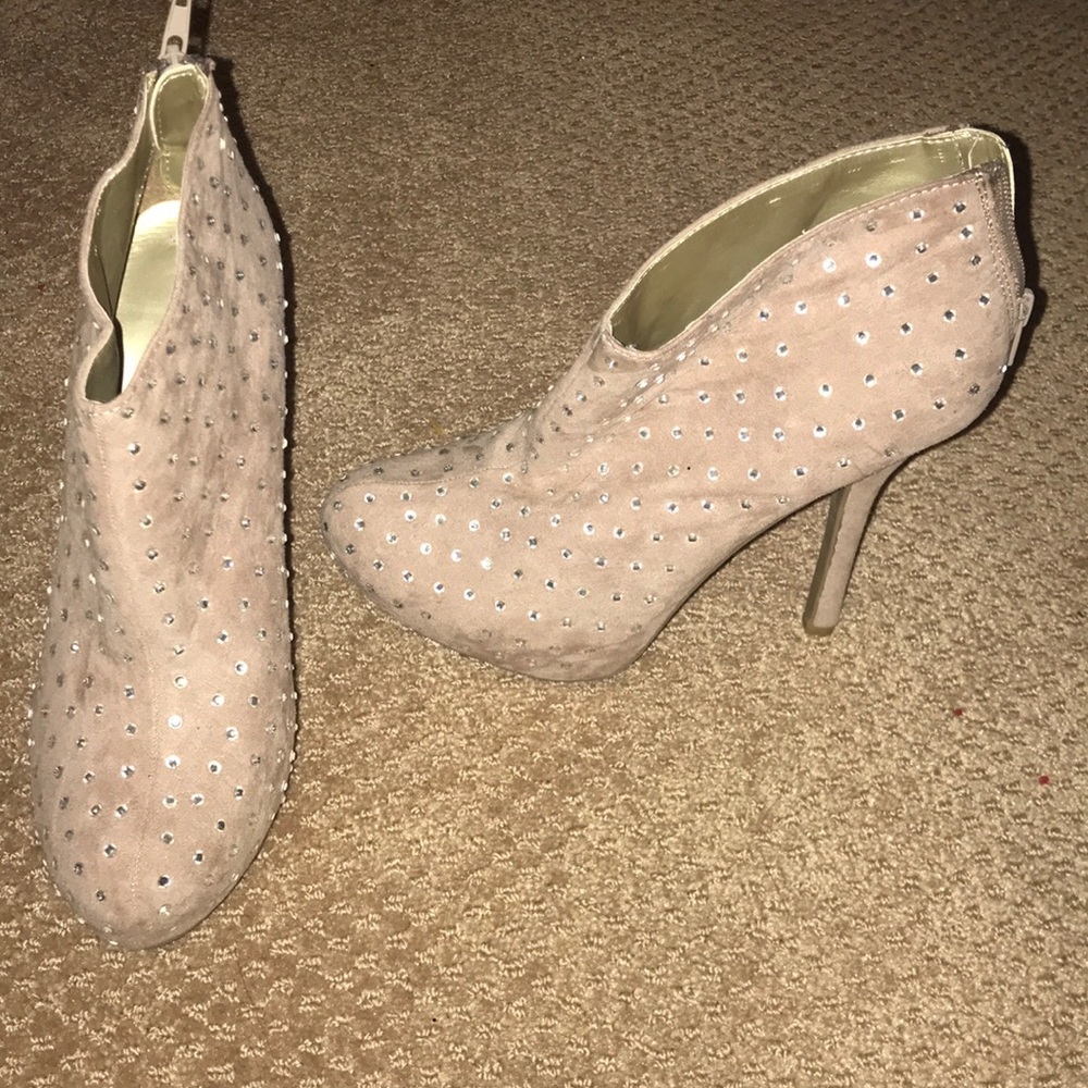 Studded rhinestone suede nude booties